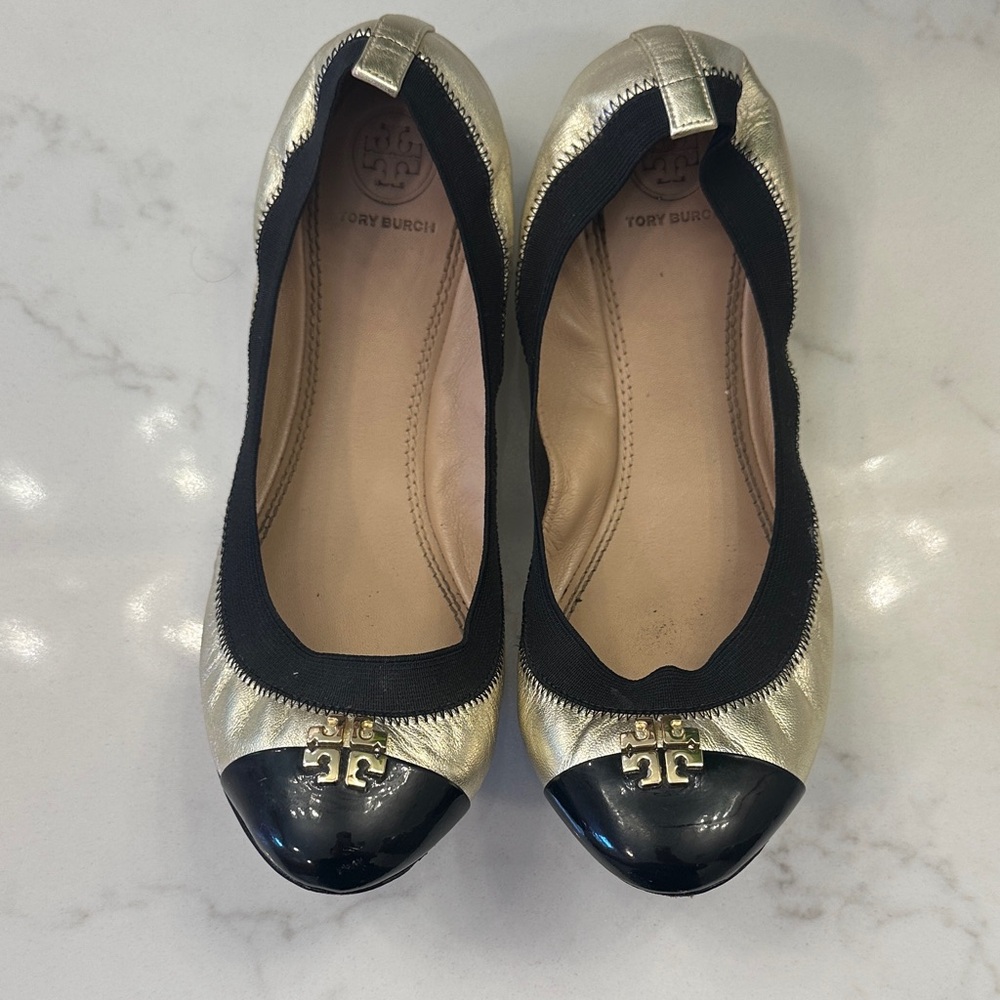 Tory Burch Metallic Gold and Black Flats